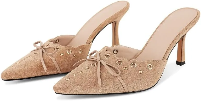 Women Bow Heels Pointed Toe Slip On Mules Stiletto heels Sandals Dress Party Wedding Studded Heels Pumps