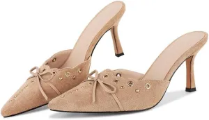 Women Bow Heels Pointed Toe Slip On Mules Stiletto heels Sandals Dress Party Wedding Studded Heels Pumps
