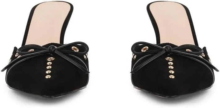Women Bow Heels Pointed Toe Slip On Mules Stiletto heels Sandals Dress Party Wedding Studded Heels Pumps