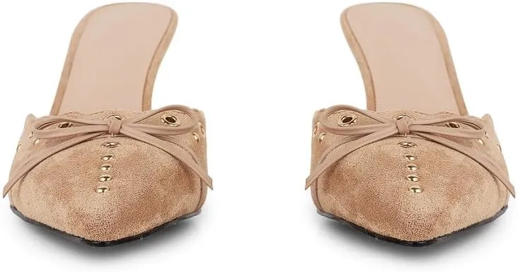 Women Bow Heels Pointed Toe Slip On Mules Stiletto heels Sandals Dress Party Wedding Studded Heels Pumps