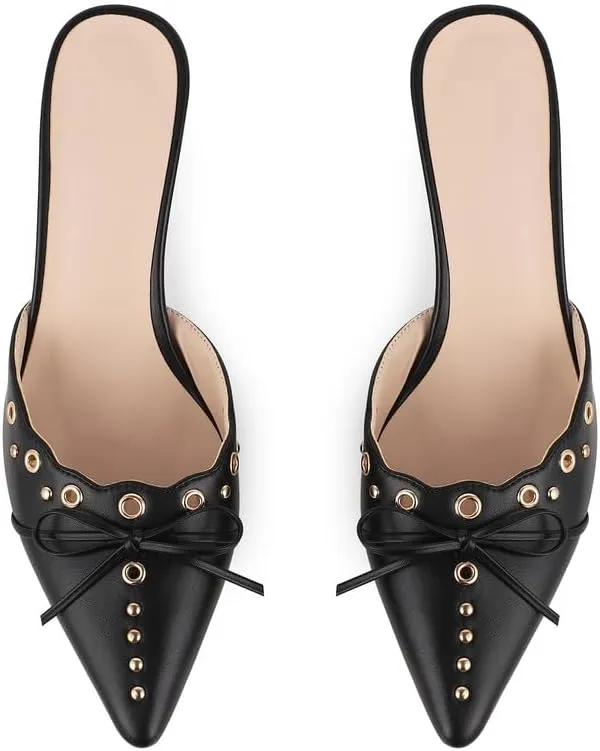 Women Bow Heels Pointed Toe Slip On Mules Stiletto heels Sandals Dress Party Wedding Studded Heels Pumps
