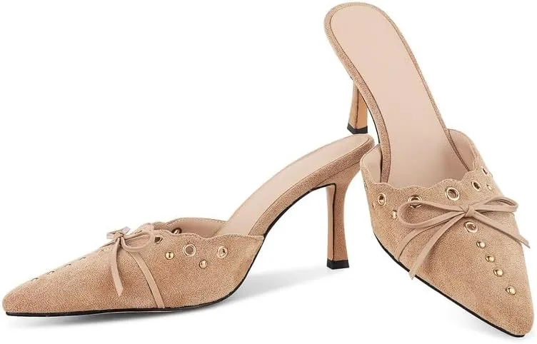 Women Bow Heels Pointed Toe Slip On Mules Stiletto heels Sandals Dress Party Wedding Studded Heels Pumps