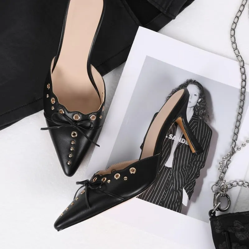 Women Bow Heels Pointed Toe Slip On Mules Stiletto heels Sandals Dress Party Wedding Studded Heels Pumps
