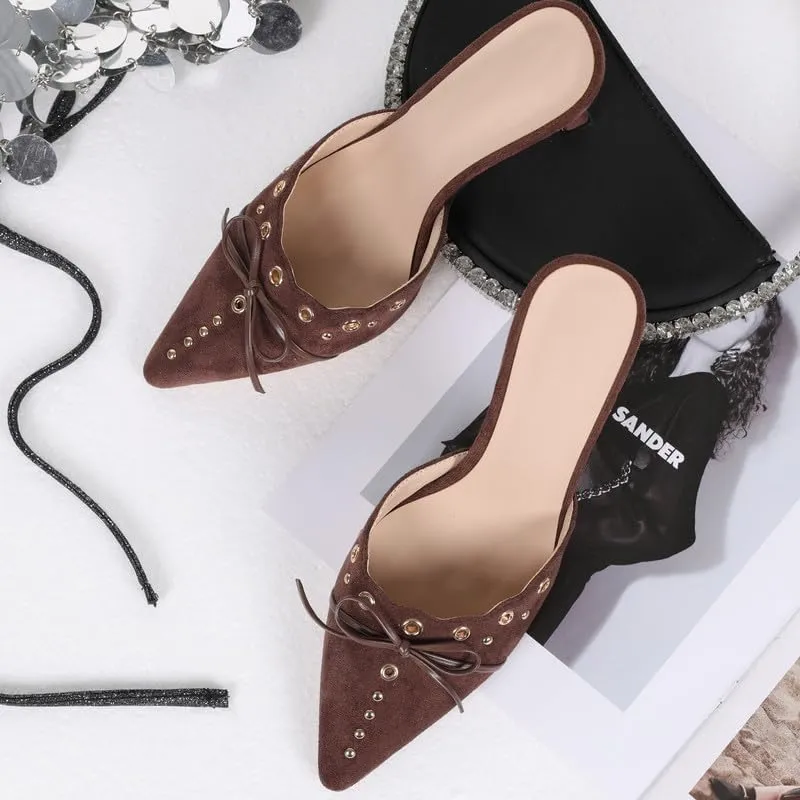 Women Bow Heels Pointed Toe Slip On Mules Stiletto heels Sandals Dress Party Wedding Studded Heels Pumps