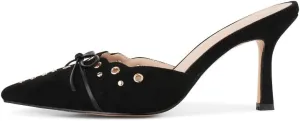 Women Bow Heels Pointed Toe Slip On Mules Stiletto heels Sandals Dress Party Wedding Studded Heels Pumps