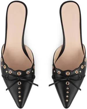 Women Bow Heels Pointed Toe Slip On Mules Stiletto heels Sandals Dress Party Wedding Studded Heels Pumps