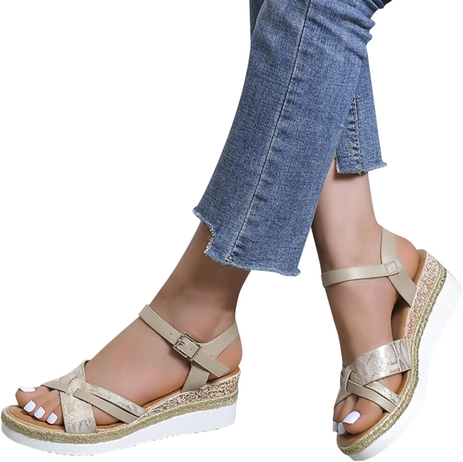 Women Platform Sandals Open Toe Adjustable Buckle Ankle Strap Sandals Casual Arch Support Outdoor Beach Shoes