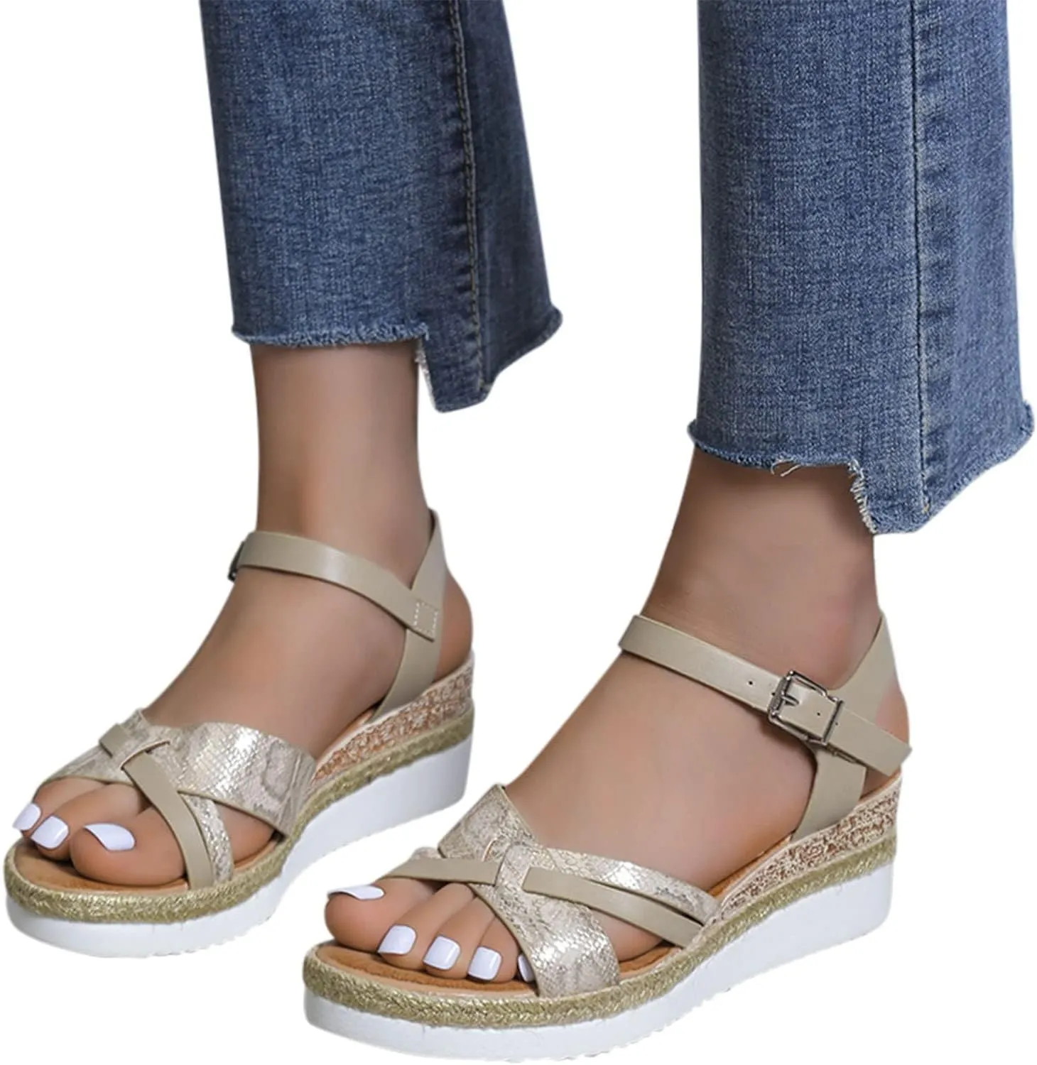 Women Platform Sandals Open Toe Adjustable Buckle Ankle Strap Sandals Casual Arch Support Outdoor Beach Shoes
