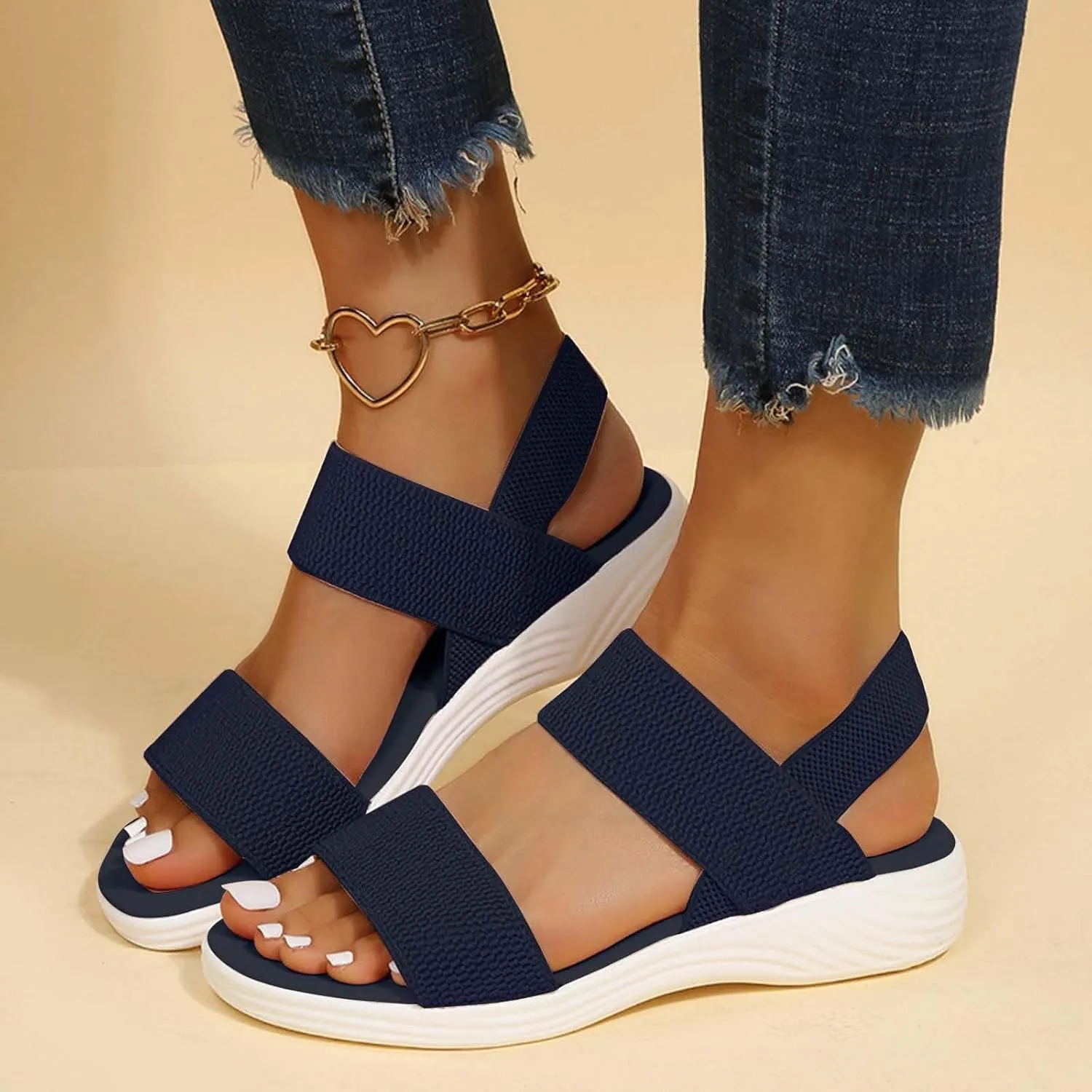 Womens Backstrap Sandal Summer Dressy Elastic Strap Open Toe Wedges Wide Width Sandals Comfort Slides Lightweight Outdoor Shoes