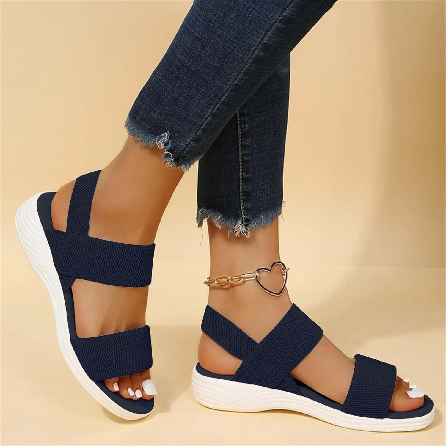 Womens Backstrap Sandal Summer Dressy Elastic Strap Open Toe Wedges Wide Width Sandals Comfort Slides Lightweight Outdoor Shoes
