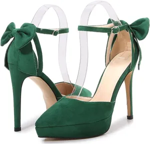 Women's Bow Closed Pointed Toe High Heels,Ankle Strap Stiletto Pumps Sexy Wedding Party Dress Shoes