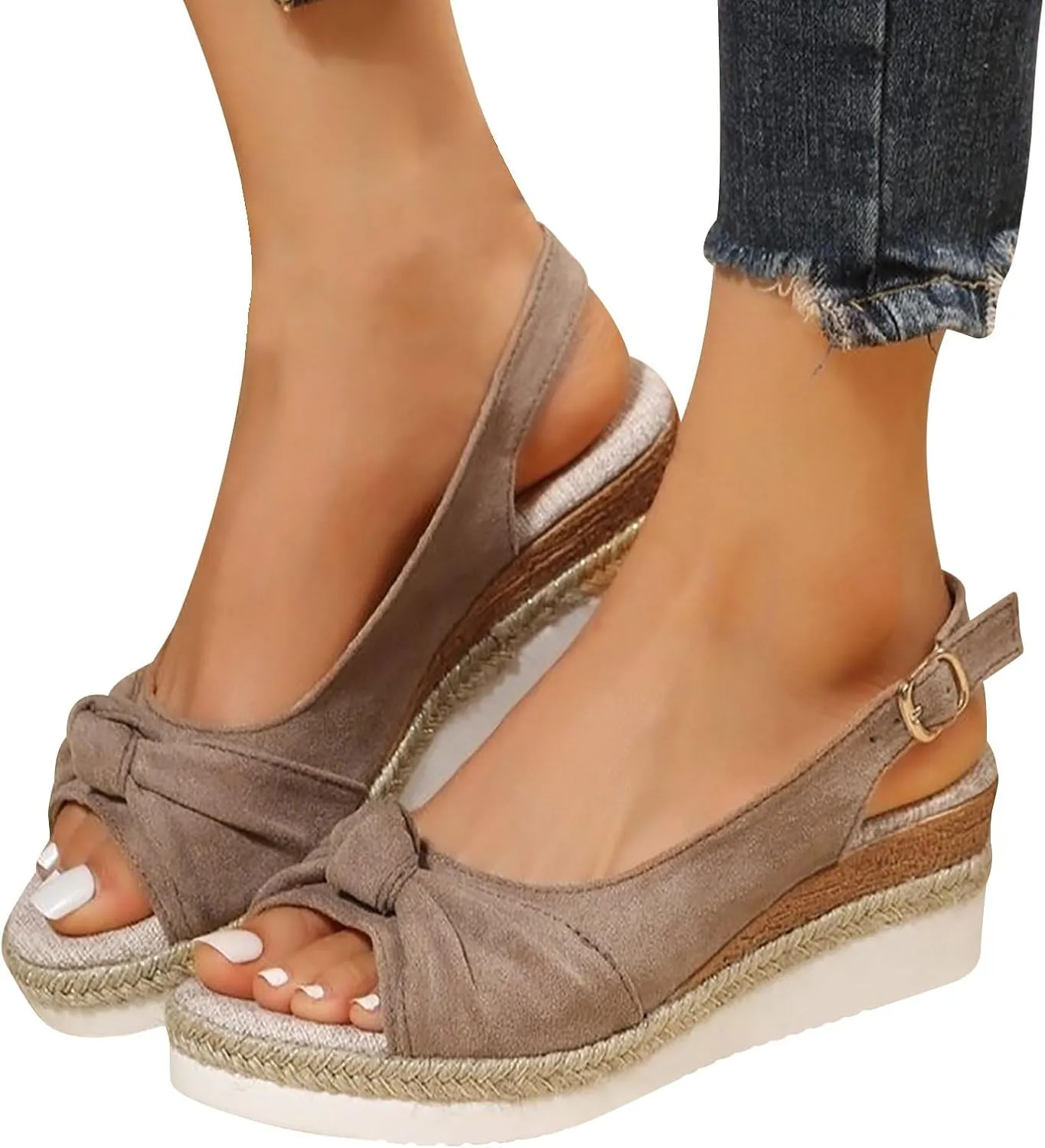 Women's Bowknot Wedge Pump Sandal Solid Open Toe Elegant Braided High Heel Summer Spring Trendy Casual Sandals