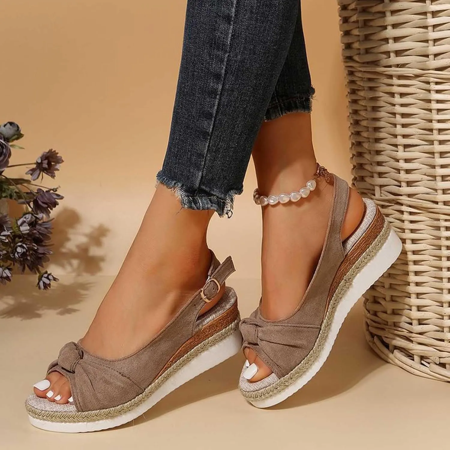 Women's Bowknot Wedge Pump Sandal Solid Open Toe Elegant Braided High Heel Summer Spring Trendy Casual Sandals