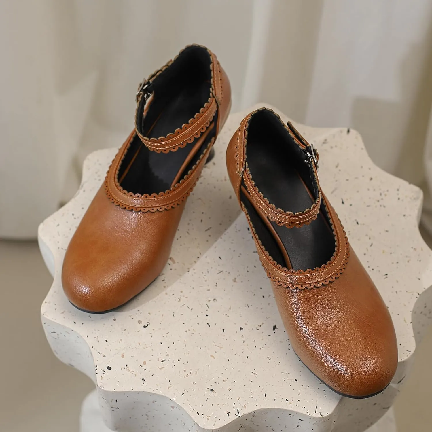 Women's Brown Classic Leather Stacked Heel Dress Round Toe Elegant Office Pumps