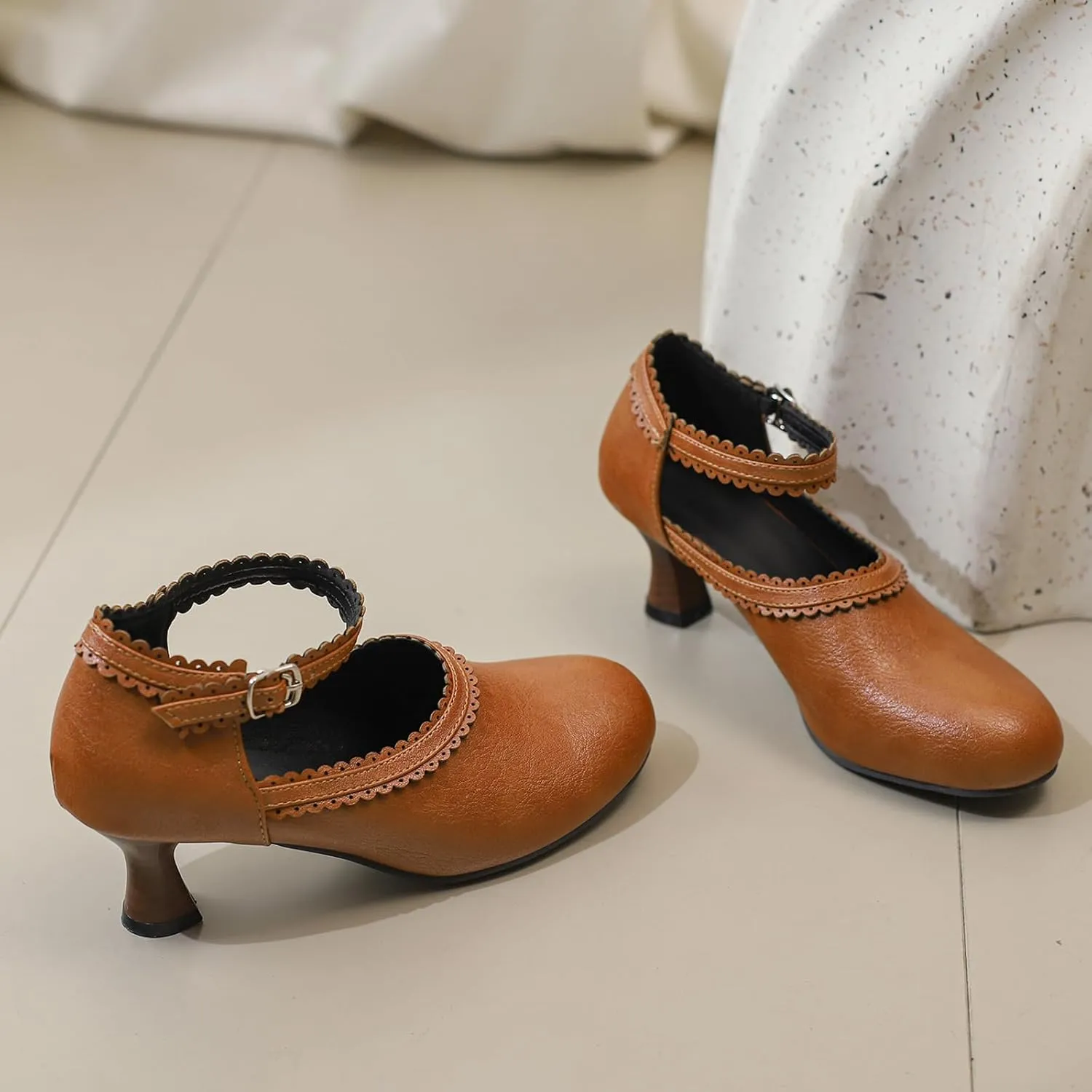 Women's Brown Classic Leather Stacked Heel Dress Round Toe Elegant Office Pumps