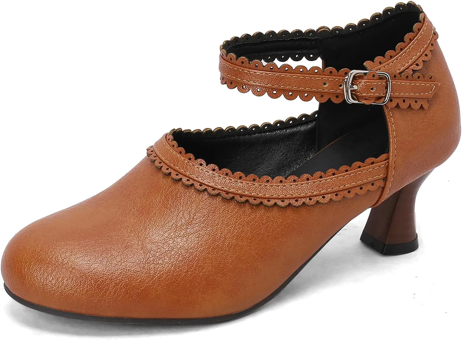 Women's Brown Classic Leather Stacked Heel Dress Round Toe Elegant Office Pumps