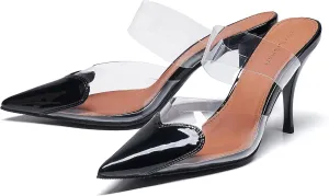 Women's Clear PVC Heeled Sandals Closed Pointed Toe Heart Cut Mules Transparent Slingback Pumps Summer Stiletto High Heels Party Prom Dress Shoes
