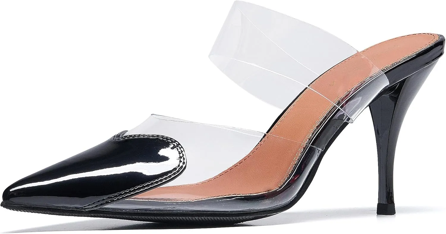 Women's Clear PVC Heeled Sandals Closed Pointed Toe Heart Cut Mules Transparent Slingback Pumps Summer Stiletto High Heels Party Prom Dress Shoes