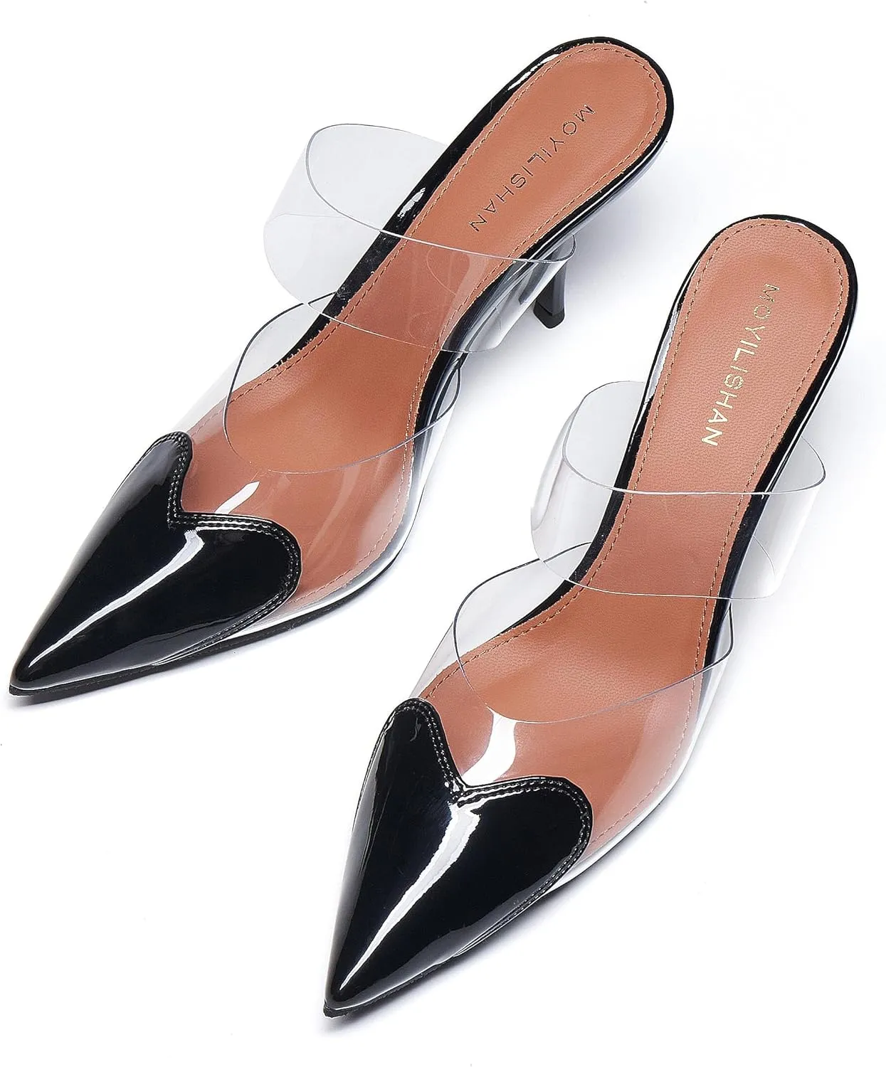 Women's Clear PVC Heeled Sandals Closed Pointed Toe Heart Cut Mules Transparent Slingback Pumps Summer Stiletto High Heels Party Prom Dress Shoes