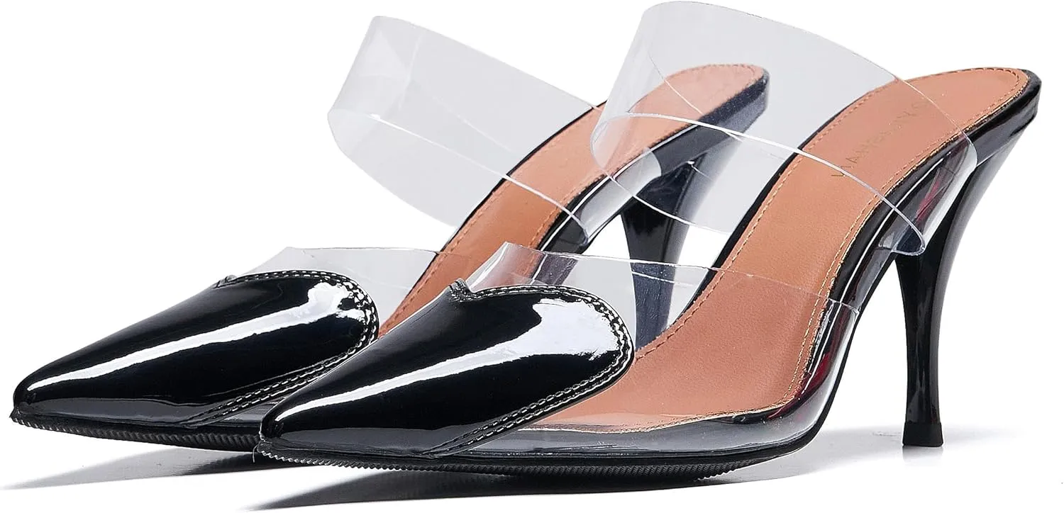 Women's Clear PVC Heeled Sandals Closed Pointed Toe Heart Cut Mules Transparent Slingback Pumps Summer Stiletto High Heels Party Prom Dress Shoes