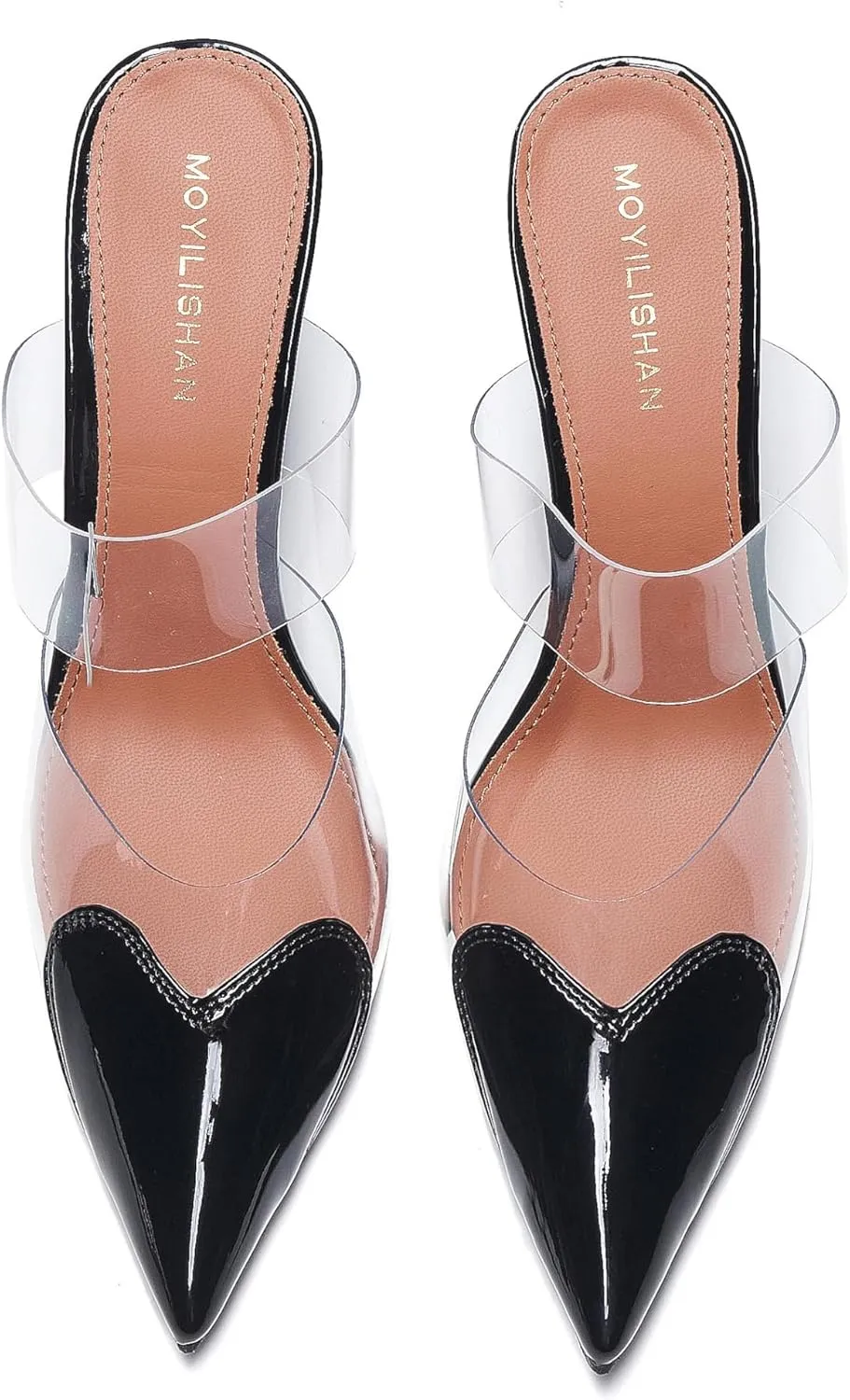 Women's Clear PVC Heeled Sandals Closed Pointed Toe Heart Cut Mules Transparent Slingback Pumps Summer Stiletto High Heels Party Prom Dress Shoes