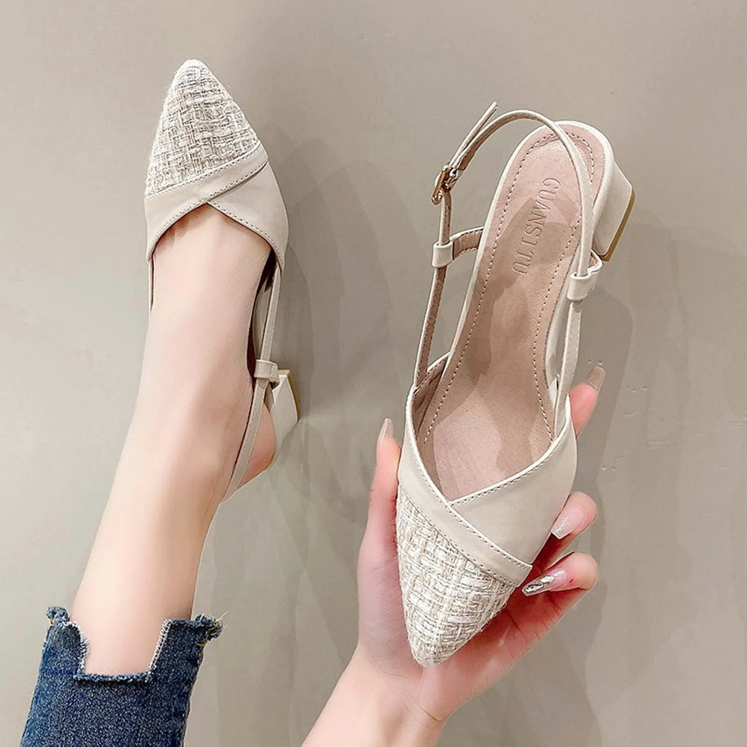 Women's Closed Toe Cusy Sandal Hook and Eye Pump High Heel Solid Elegant Splicing Leather Sandals Summer Shoe