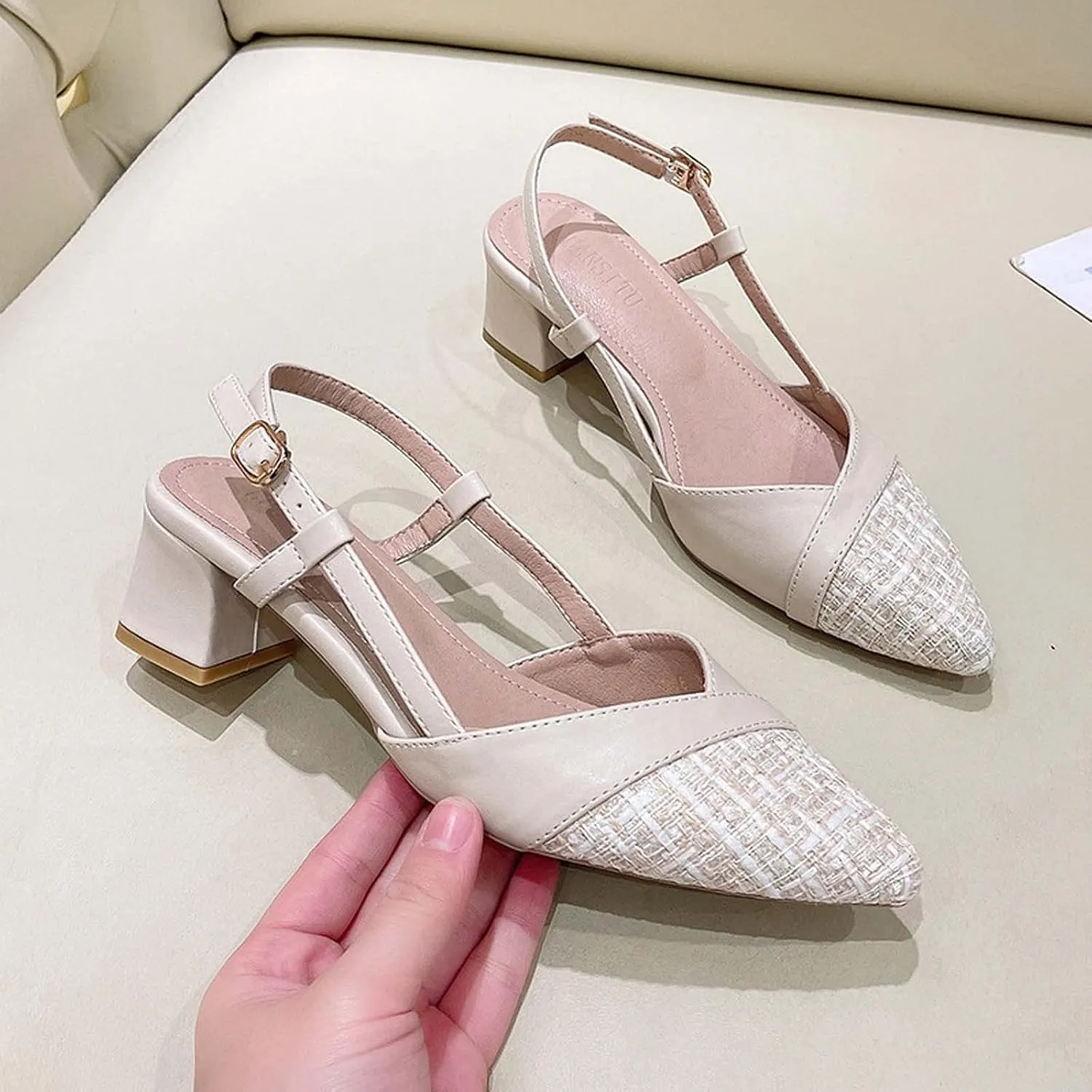Women's Closed Toe Cusy Sandal Hook and Eye Pump High Heel Solid Elegant Splicing Leather Sandals Summer Shoe