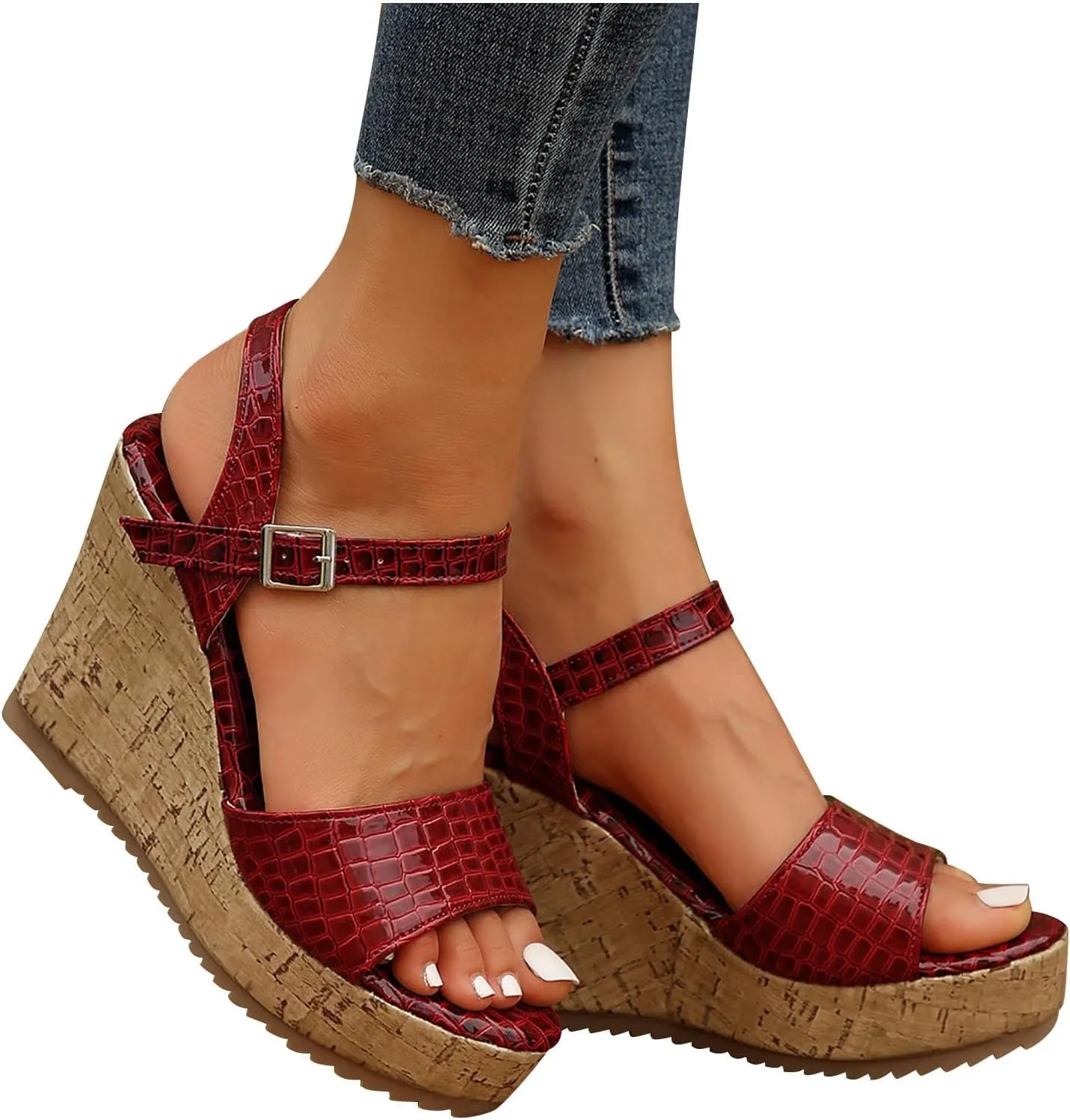 Women's Crocodile pattern Sandal Hook and Loop Wedge Sandals Thick Strappy Platform Shoe Anti-Slip Elegant High Heel