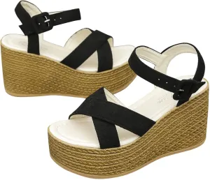 Women's Cross Strappy Wedge Sandal Hook and Eye Solid High Heel Platform Trendy Elegant Sandals Open Toe Shoe