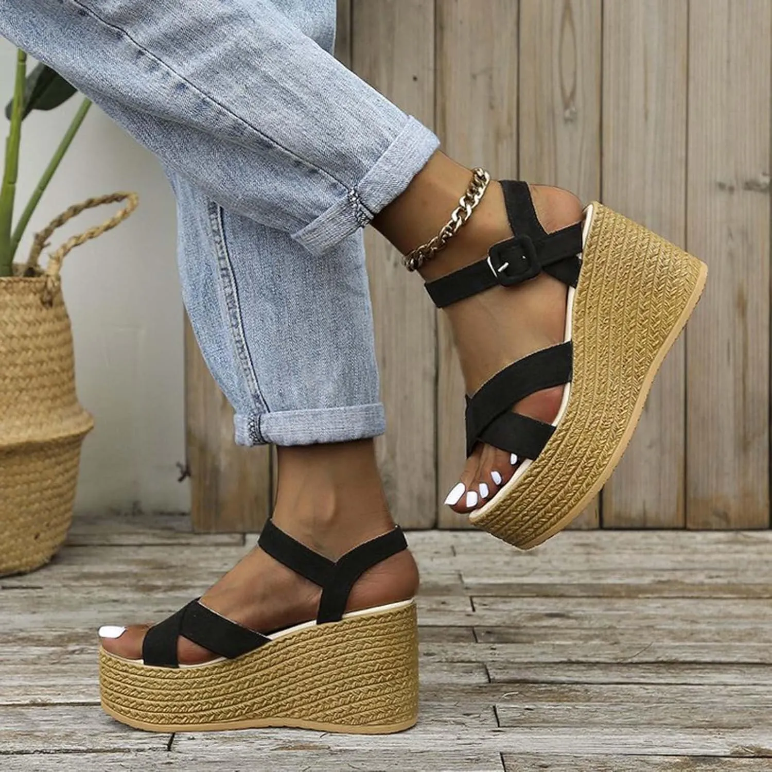 Women's Cross Strappy Wedge Sandal Hook and Eye Solid High Heel Platform Trendy Elegant Sandals Open Toe Shoe