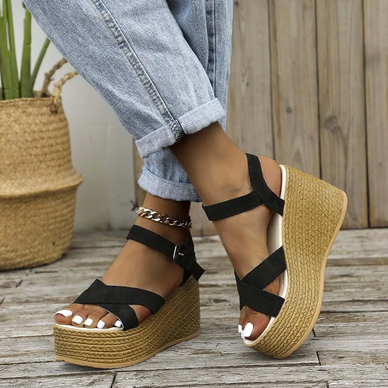 Women's Cross Strappy Wedge Sandal Hook and Eye Solid High Heel Platform Trendy Elegant Sandals Open Toe Shoe