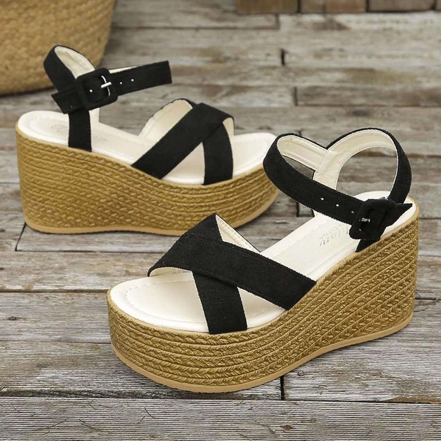 Women's Cross Strappy Wedge Sandal Hook and Eye Solid High Heel Platform Trendy Elegant Sandals Open Toe Shoe