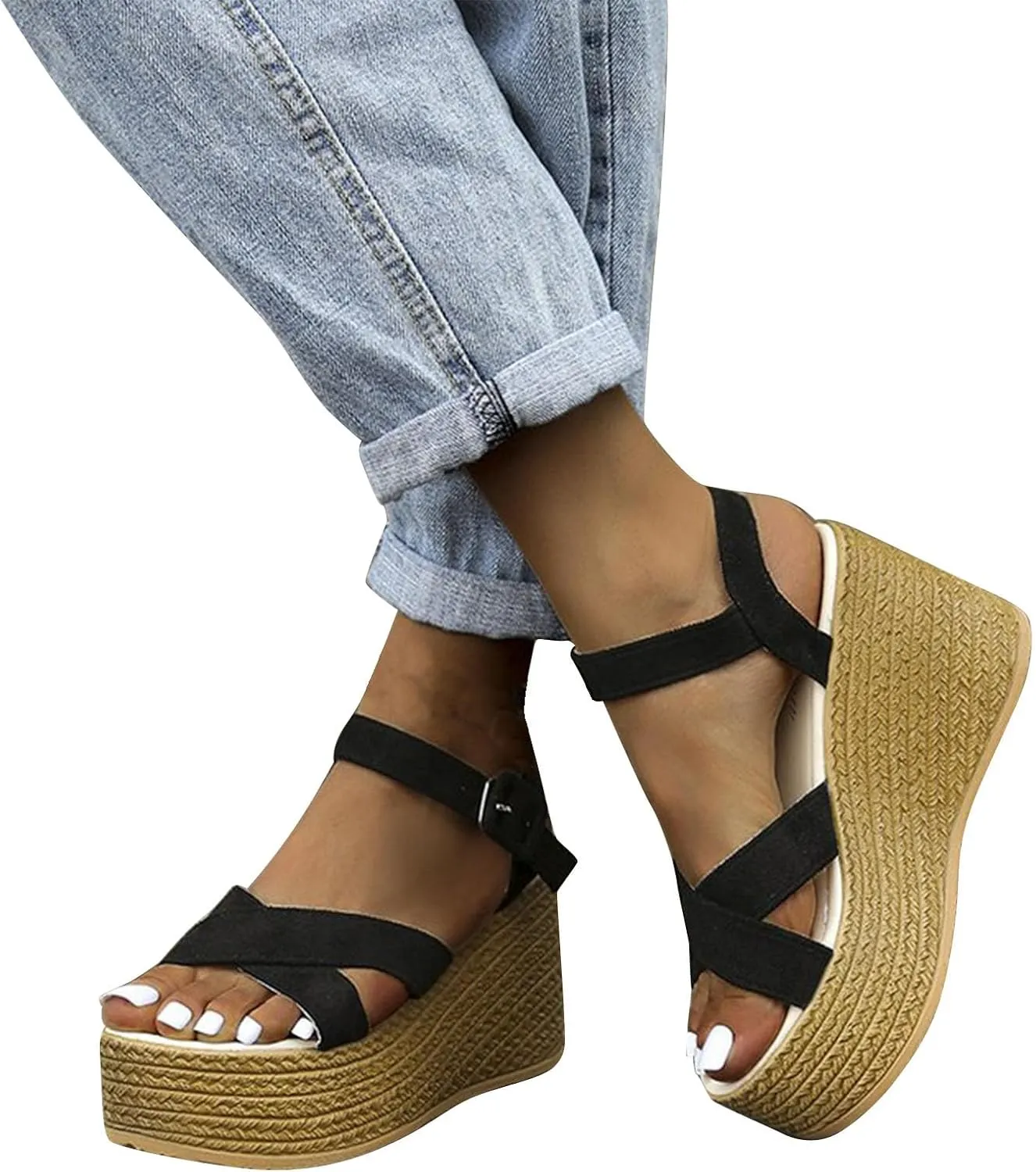 Women's Cross Strappy Wedge Sandal Hook and Eye Solid High Heel Platform Trendy Elegant Sandals Open Toe Shoe