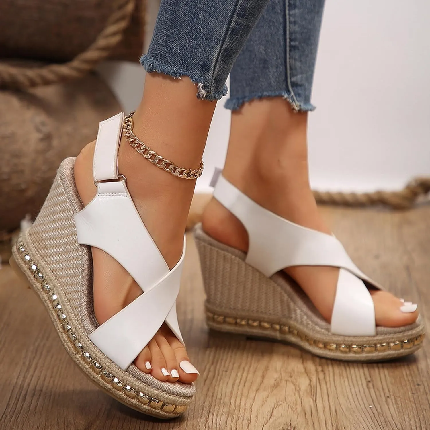 Women's Cross Thick Strappy Sandal Hook and Loop Wedge Sandals Rhinestone Embellished Trendy Shoe Elegant High Heel