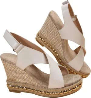 Women's Cross Thick Strappy Sandal Hook and Loop Wedge Sandals Rhinestone Embellished Trendy Shoe Elegant High Heel