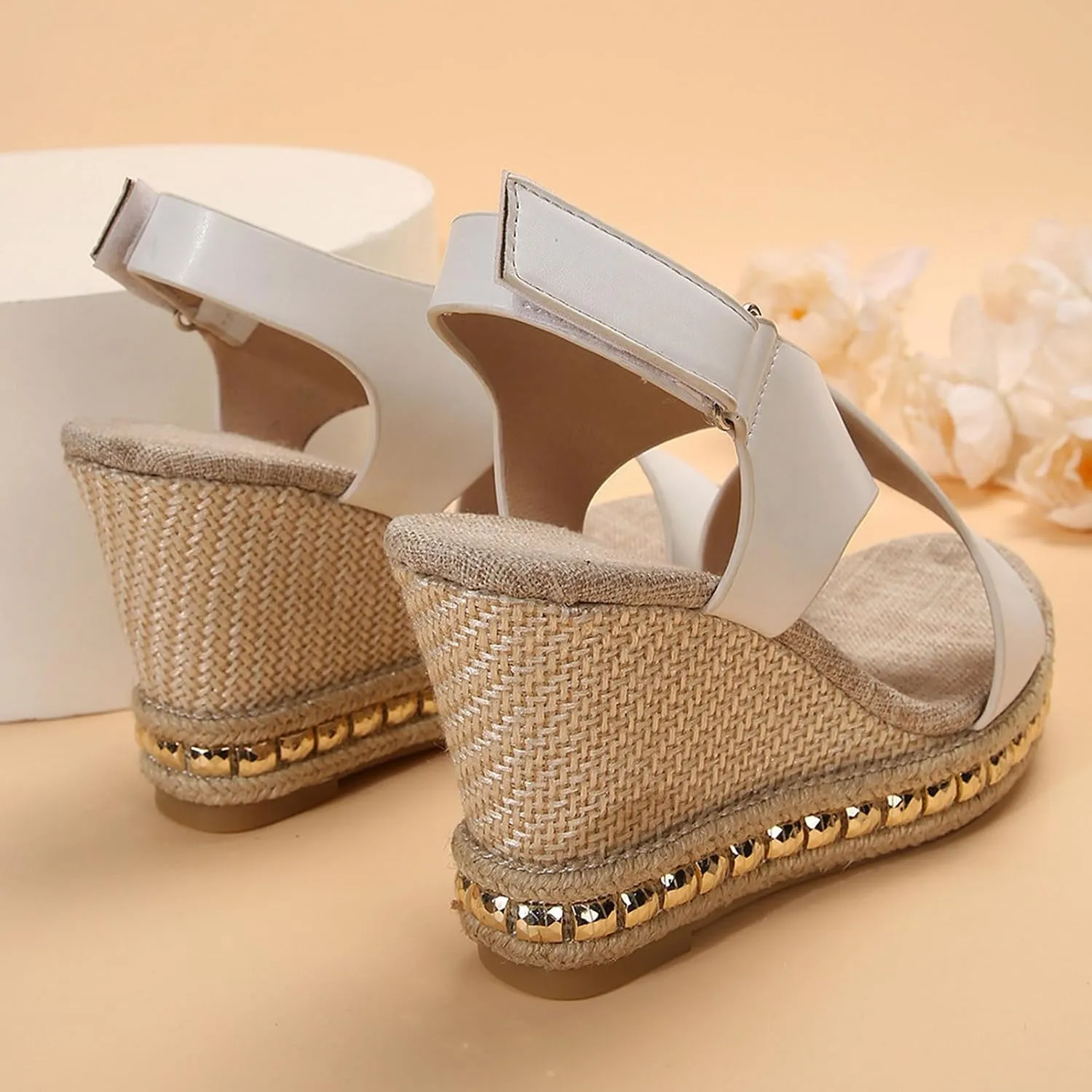 Women's Cross Thick Strappy Sandal Hook and Loop Wedge Sandals Rhinestone Embellished Trendy Shoe Elegant High Heel