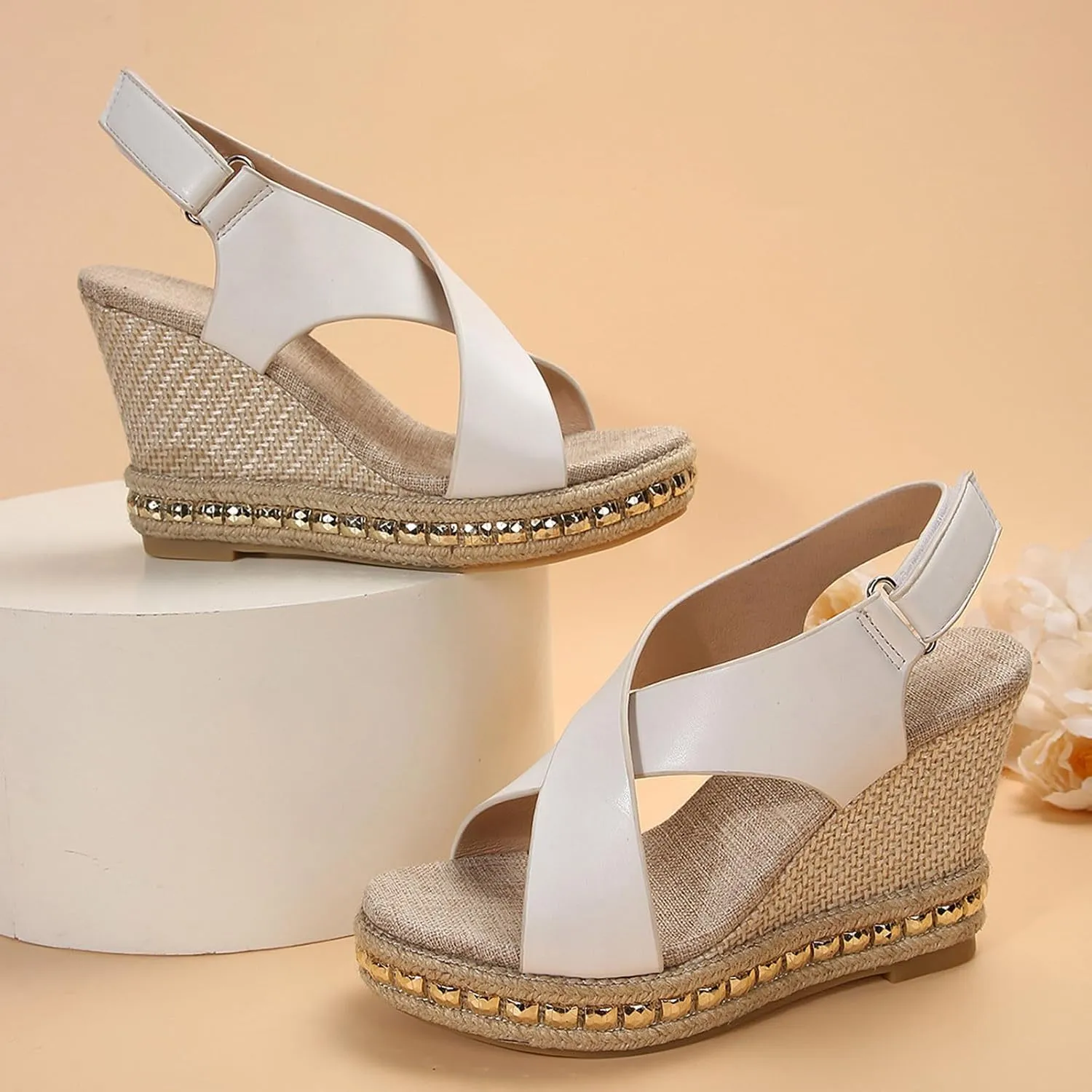 Women's Cross Thick Strappy Sandal Hook and Loop Wedge Sandals Rhinestone Embellished Trendy Shoe Elegant High Heel