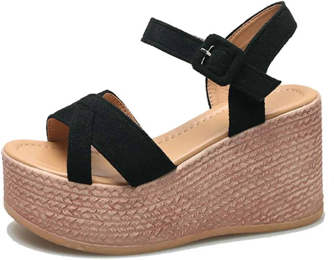Women's Cross Thick Strappy Sandal Platform Wedge Hook and Eye Shoe Trendy Elegant High Heel Open Toe Breathe Shoes