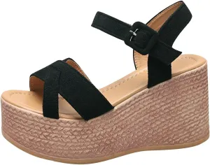 Women's Cross Thick Strappy Sandal Platform Wedge Hook and Eye Shoe Trendy Elegant High Heel Open Toe Breathe Shoes