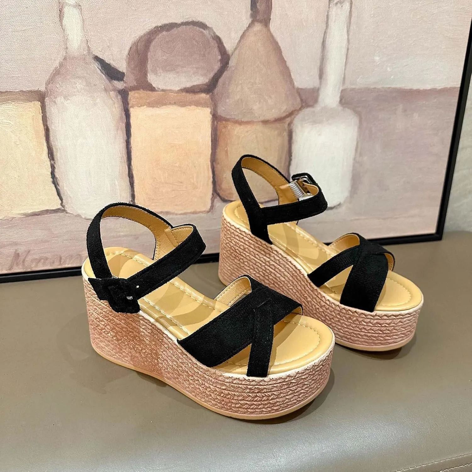 Women's Cross Thick Strappy Sandal Platform Wedge Hook and Eye Shoe Trendy Elegant High Heel Open Toe Breathe Shoes