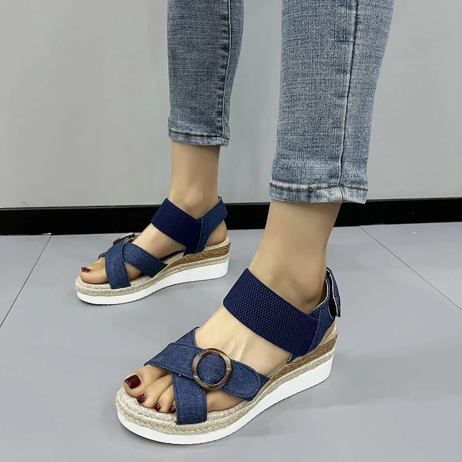 Women's Cross Thick Strappy Sandals Hook and Loop Solid Wedge Shoe Trendy Open Toe Sandal Elegant High Heel