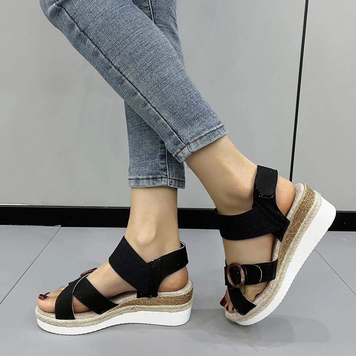 Women's Cross Thick Strappy Sandals Hook and Loop Solid Wedge Shoe Trendy Open Toe Sandal Elegant High Heel