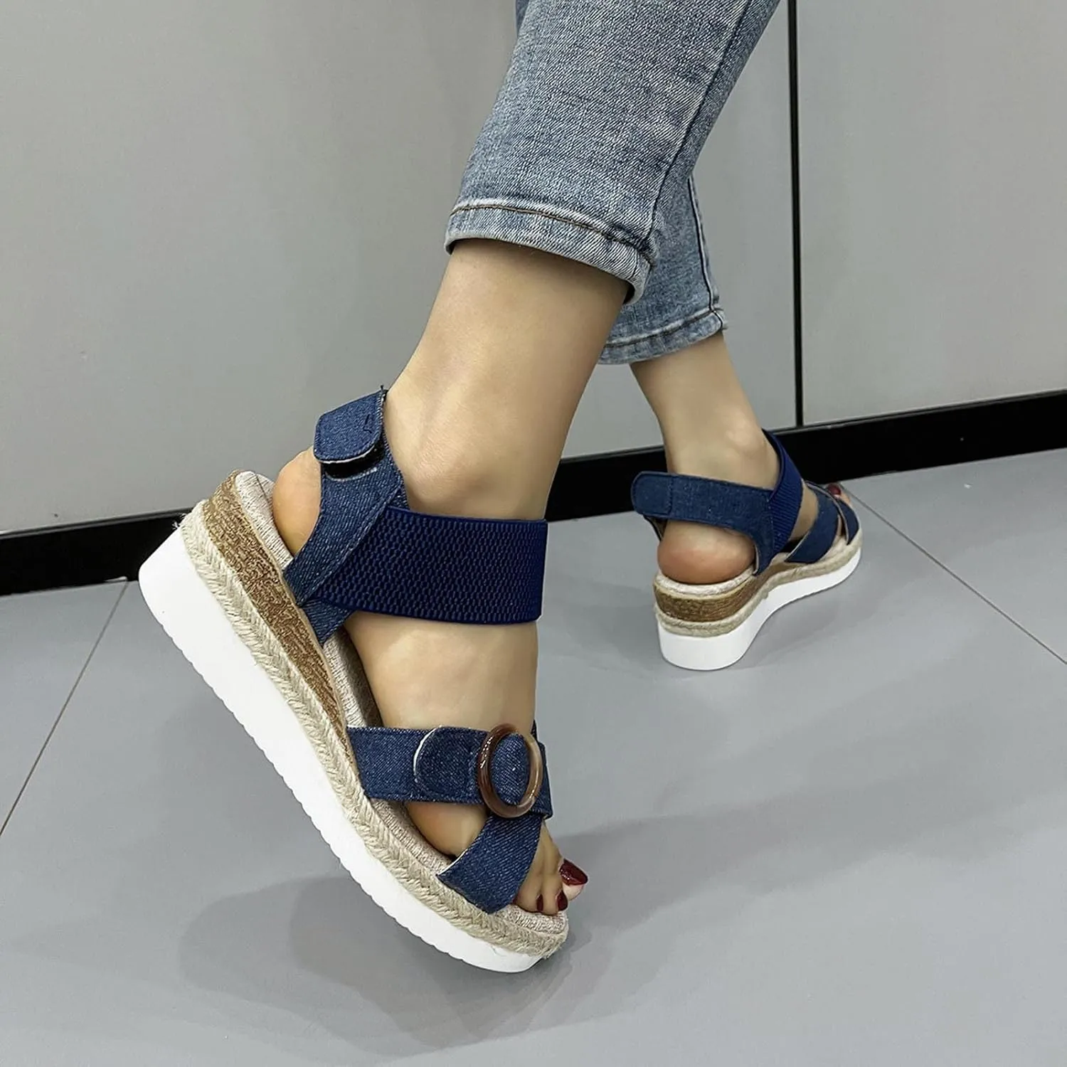 Women's Cross Thick Strappy Sandals Hook and Loop Solid Wedge Shoe Trendy Open Toe Sandal Elegant High Heel