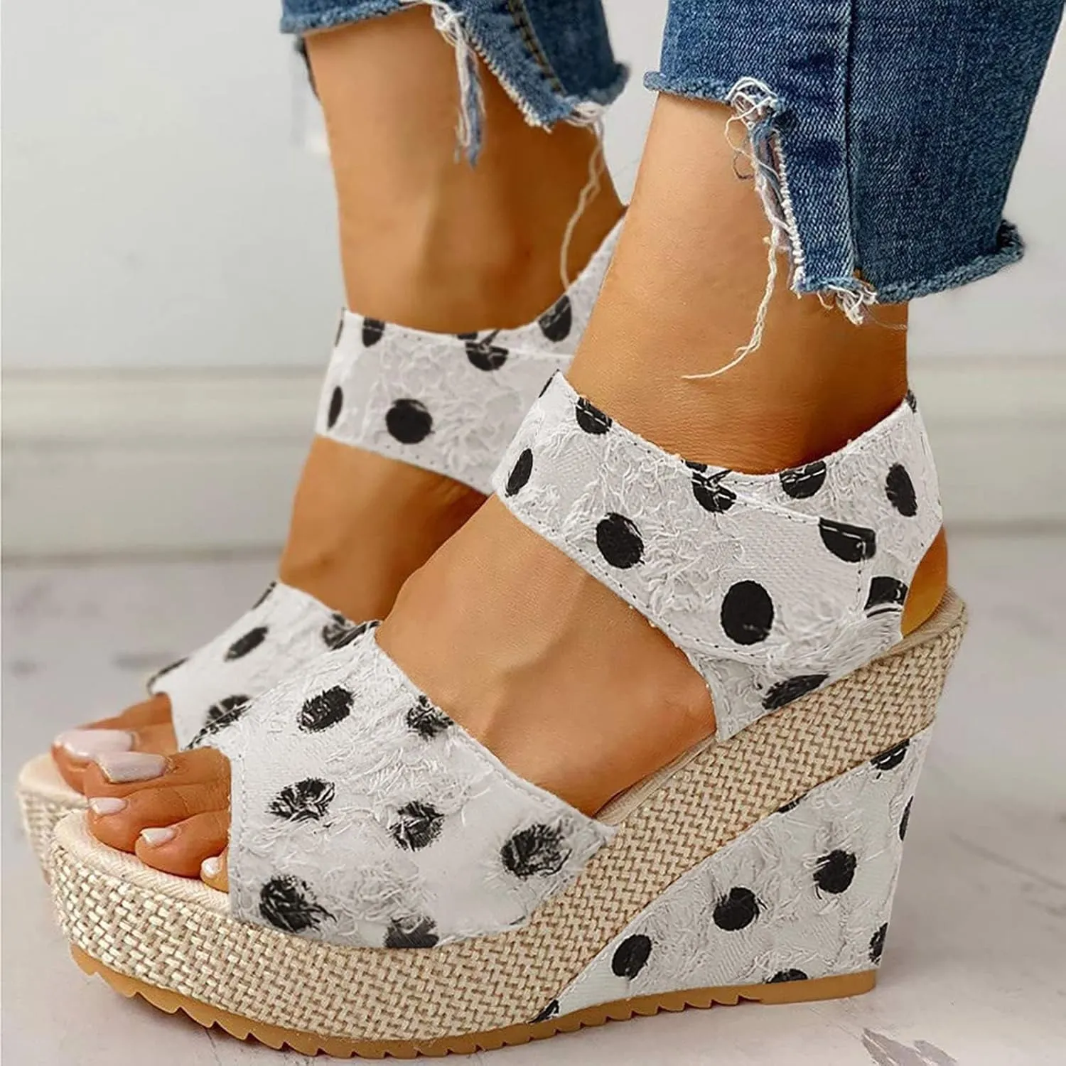 Womens Espadrilles Wedges Sandals Polka Dot Print Ankle Strap Open Toe Sandals Summer Dressy Slip on High Heeled Shoes