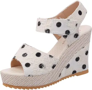 Womens Espadrilles Wedges Sandals Polka Dot Print Ankle Strap Open Toe Sandals Summer Dressy Slip on High Heeled Shoes