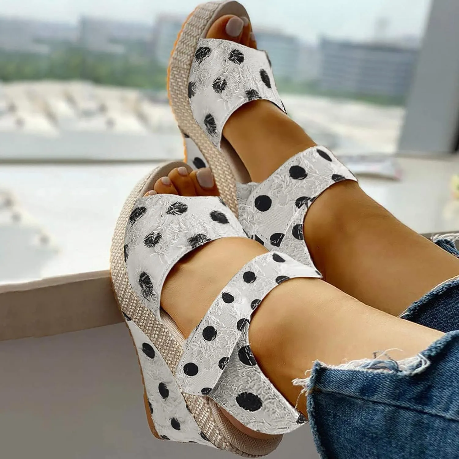 Womens Espadrilles Wedges Sandals Polka Dot Print Ankle Strap Open Toe Sandals Summer Dressy Slip on High Heeled Shoes