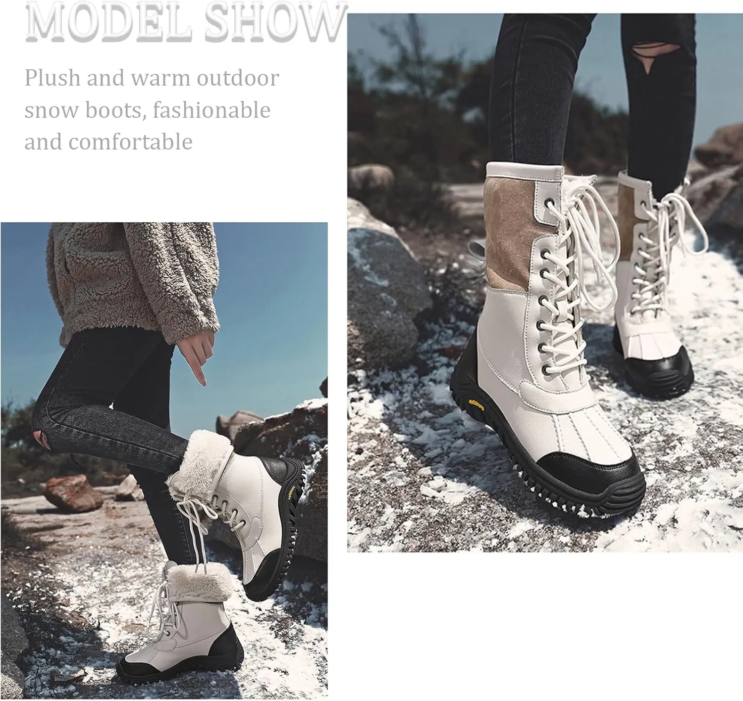 Women'S Leather Waterproof Snow Boots Winter Warm Faux Fur Lined Lug Sole Non-Slip Fashion Duck Boots Outdoor Lace-Up Warm Boots