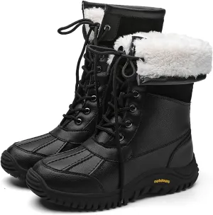 Women'S Leather Waterproof Snow Boots Winter Warm Faux Fur Lined Lug Sole Non-Slip Fashion Duck Boots Outdoor Lace-Up Warm Boots