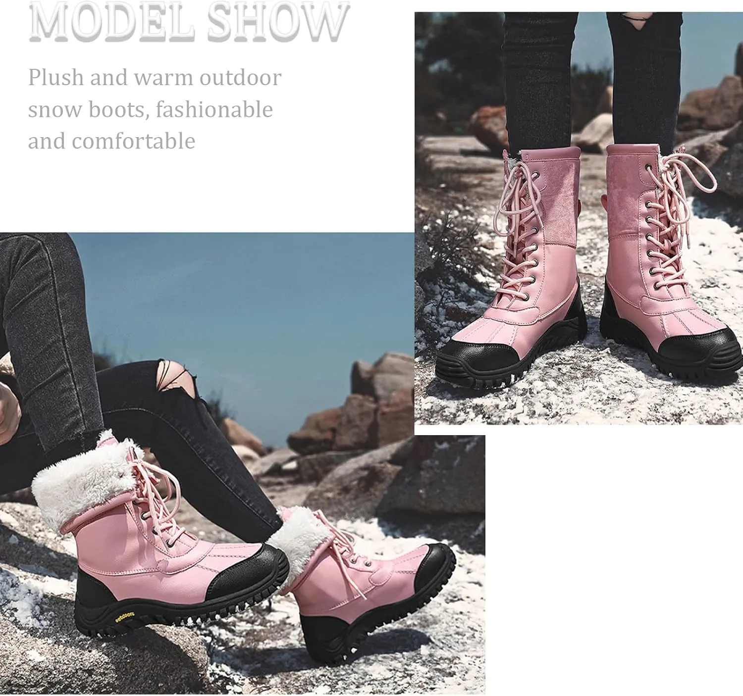 Women'S Leather Waterproof Snow Boots Winter Warm Faux Fur Lined Lug Sole Non-Slip Fashion Duck Boots Outdoor Lace-Up Warm Boots