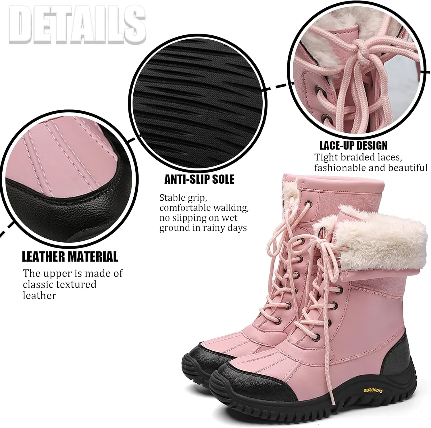 Women'S Leather Waterproof Snow Boots Winter Warm Faux Fur Lined Lug Sole Non-Slip Fashion Duck Boots Outdoor Lace-Up Warm Boots